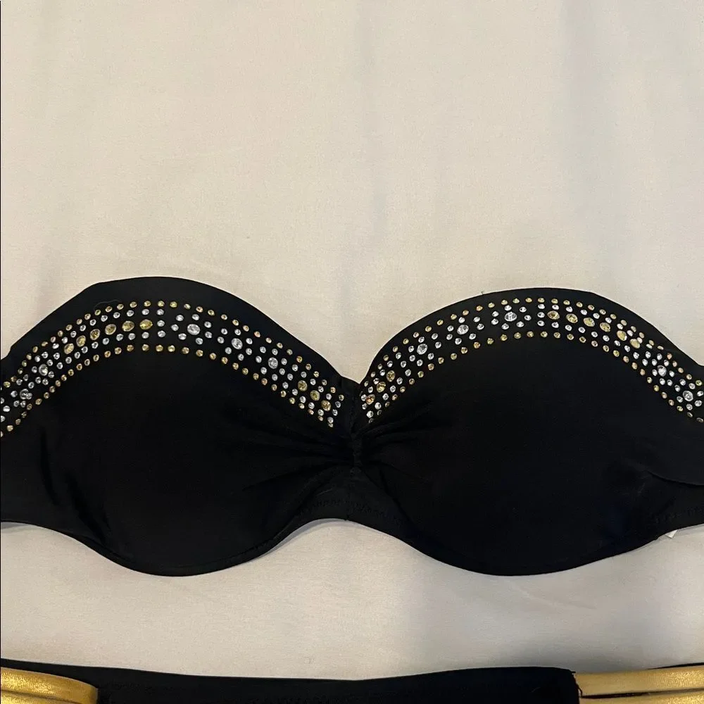 Black and Gold Women's Bikini Set with rhinestones around the top EUC